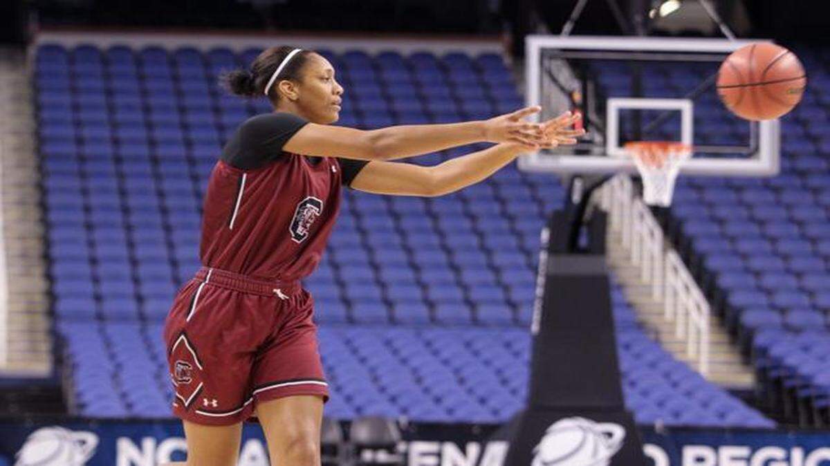 
South Carolina’s A’ja Wilson runs through drills during practice at the Greensboro Coliseum. 
